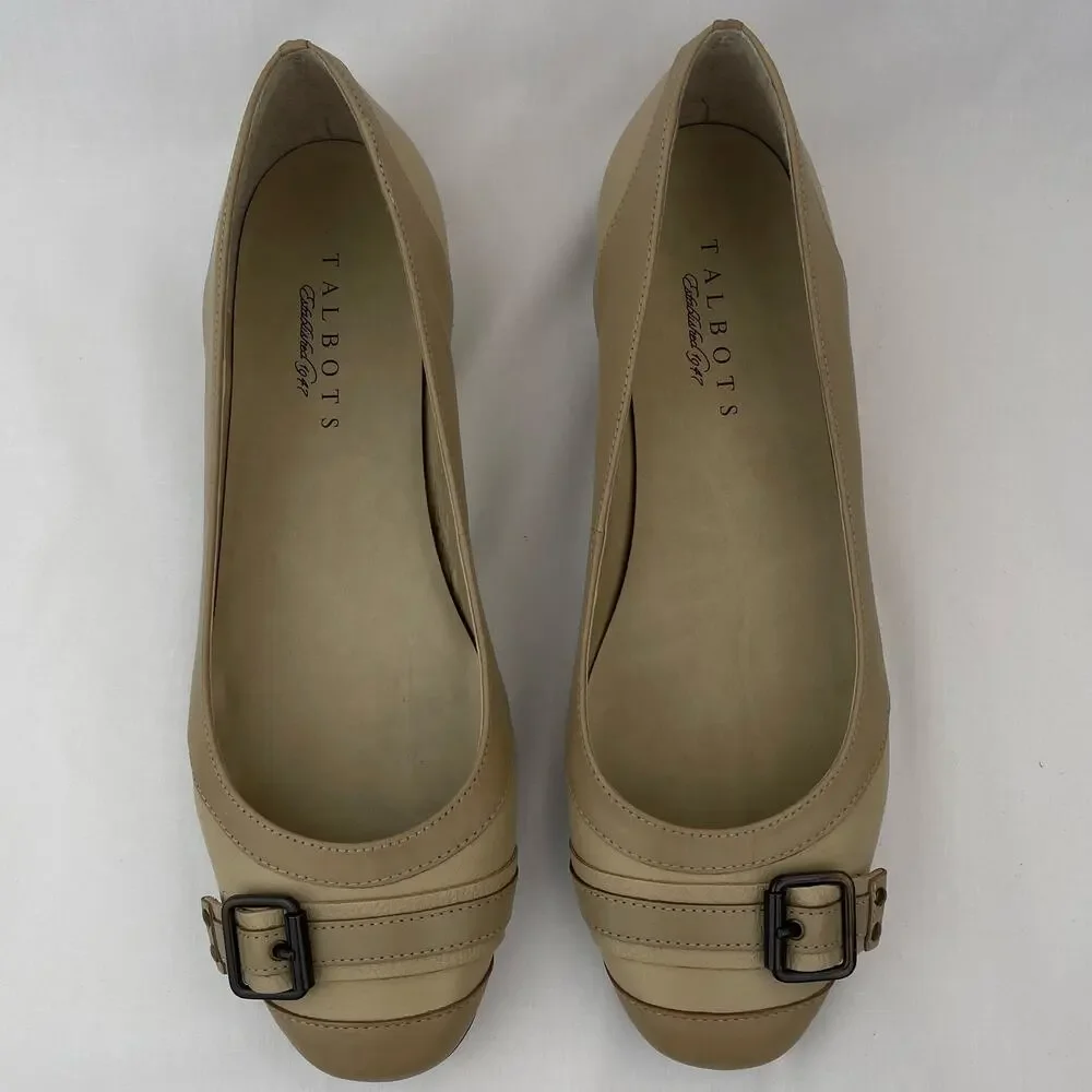 Talbots Women Tan Leather Buckle Ballet Flats Comfort Shoes Wide Width 8W